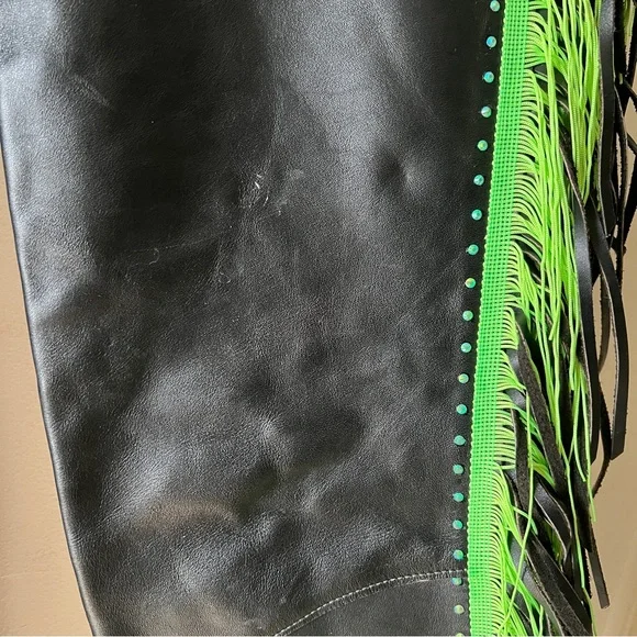 Black Leather Chaps with Green Fringe and Rhinestone Embellishments - Picture 8 of 16
